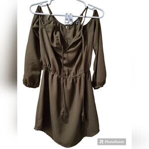 Blush Olive Cold Shoulder Mini Dress Womens Medium Boho Tassel Tie